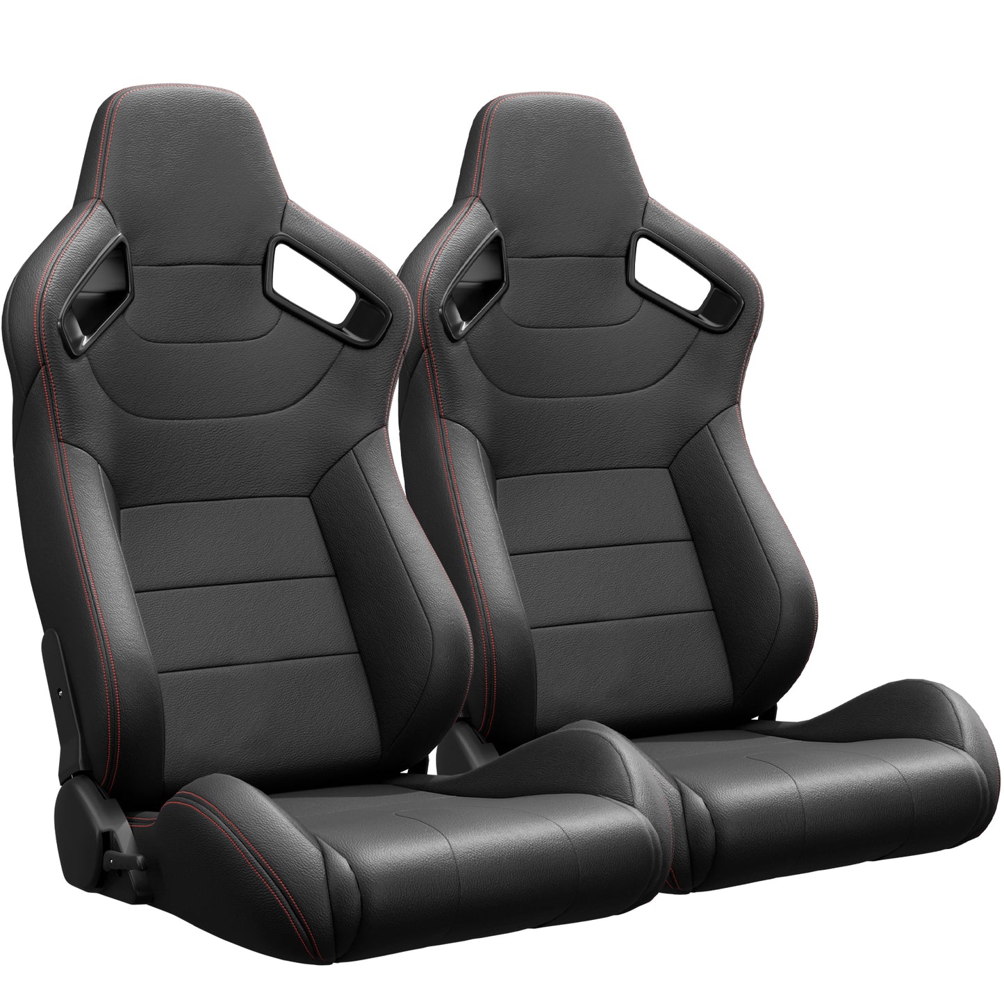 2PC New Universal Bucket Racing Seats Red Stitch Black PVC Leather Reclinable Carbon Look Leather Back With Adjustor Slider(Not Including Seat Bracket ) 1 box of 2 pieces
