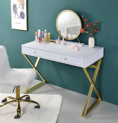 Coleen White & Gold Finish Vanity Desk W/Mirror & Jewelry Tray