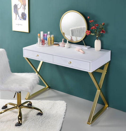 Coleen White & Gold Finish Vanity Desk W/Mirror & Jewelry Tray