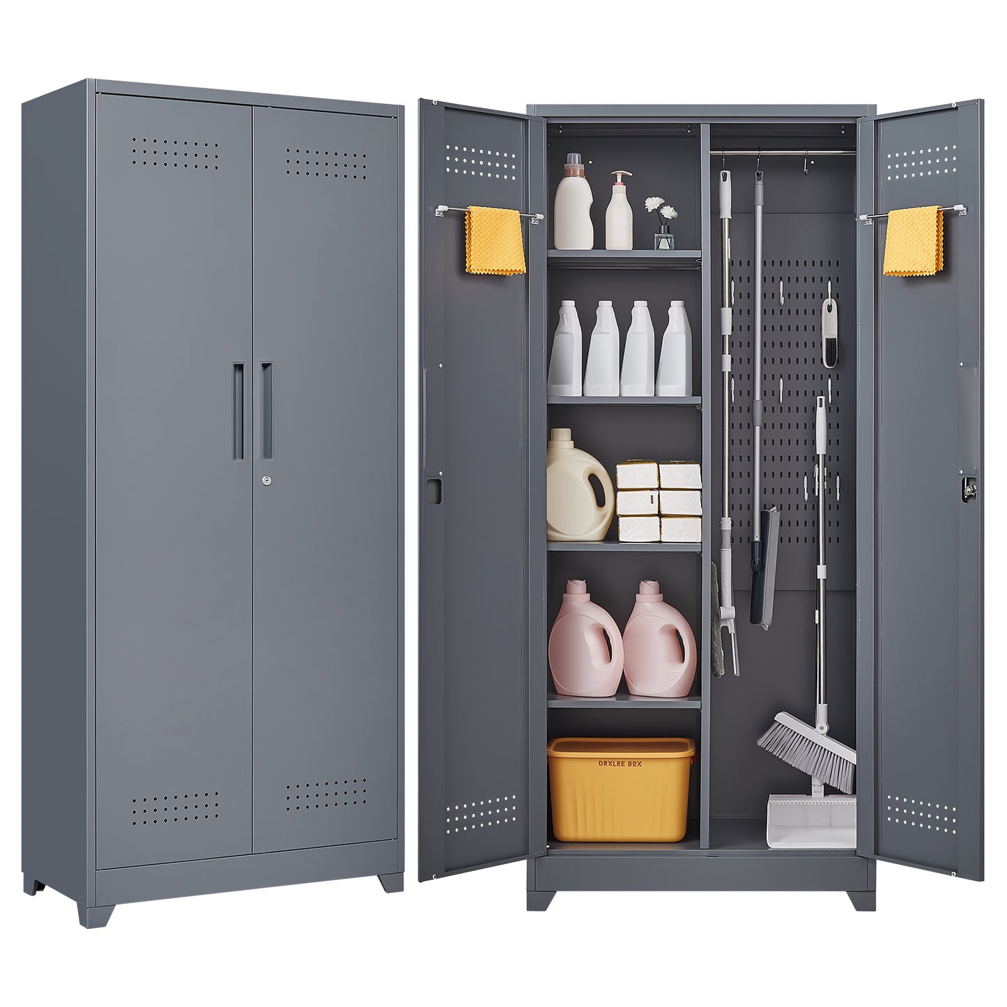 Gray And White Color Metal Lockers, Cleaning Tool Cabinets With Locking Doors, High Broom Tool Storage Cabinets, Adjustable Shelves, Large Cabinets For Kitchens, Offices, Shops.(72.8 Inches)