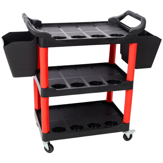 3 Tier Rolling Auto Detail Cart With Wheels,With 2pcs Bucket,for Detailers Garage, Workshop, Repair Shop, Storage Tool,Red&Black