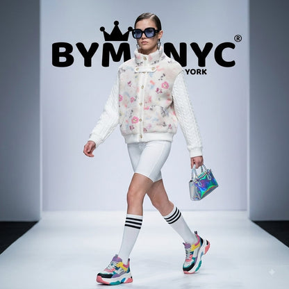 Women's White Fleece Cable Knit Bomber Jacket Floral Printed BYMANYC ® New York CONTEMPORARY VIBRANT MODERN OUTERWEAR - New Collection