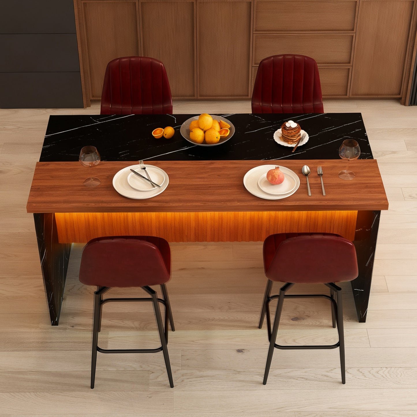 63-inch Modern Kitchen Island Set with 4 Dark Brown Bar Stools - Black Marble Look Surface, LED Lighting & Grill Design for Dining Room, Open Concept Spaces, Lounge(4 Dark Brown Bar Stools)