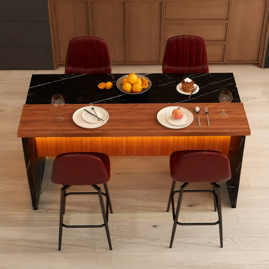 63-inch Modern Kitchen Island Set with 4 Dark Brown Bar Stools - Black Marble Look Surface, LED Lighting & Grill Design for Dining Room, Open Concept Spaces, Lounge(4 Dark Brown Bar Stools)