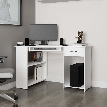 White Corner Computer Desk L-Shaped with Drawer and Shelf