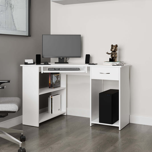 White Corner Computer Desk L-Shaped with Drawer and Shelf