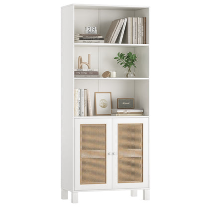 Tall Bookcase with Rattan Doors,5 Tier Storage Wood Shelves Large Bookshelf for Library Living Room Bedroom Home Office,White