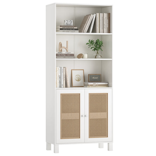 Tall Bookcase with Rattan Doors,5 Tier Storage Wood Shelves Large Bookshelf for Library Living Room Bedroom Home Office,White