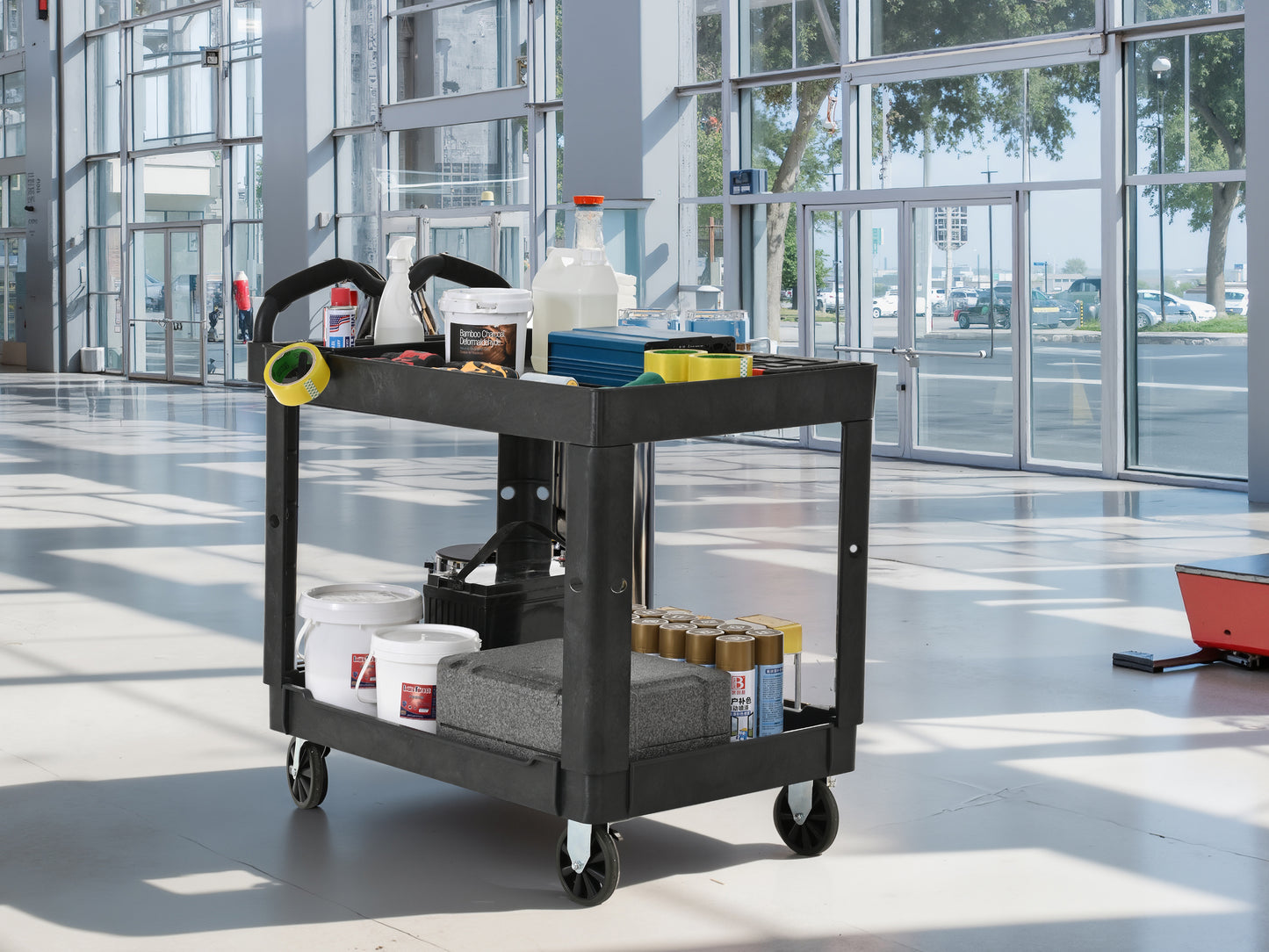 New Type Large and heavy duty Tray Top Service Cart with Wheels, Multipurpose use for indoor and outdoor,total capacity of 550 lbs,with 5-inch non-marking thermoplastic rubber casters (2 with brake)