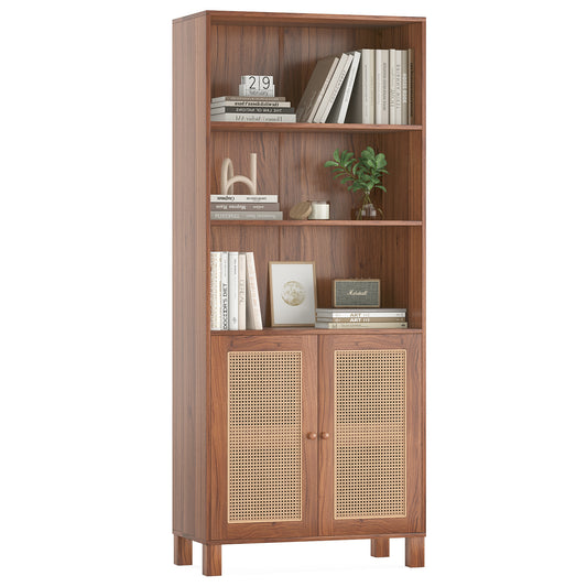 Tall Bookcase with Rattan Doors,5 Tier Storage Wood Shelves Large Bookshelf for Library Living Room Bedroom Home Office,Natural