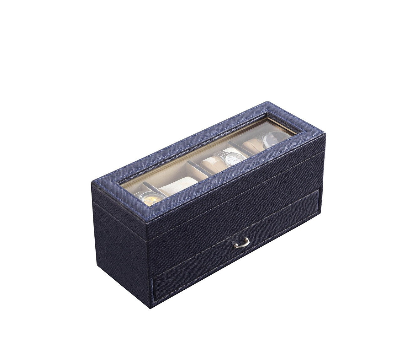 9.3' Long Tempered Glass and Leather Jewelry / Watch Display with Drawers, Blue