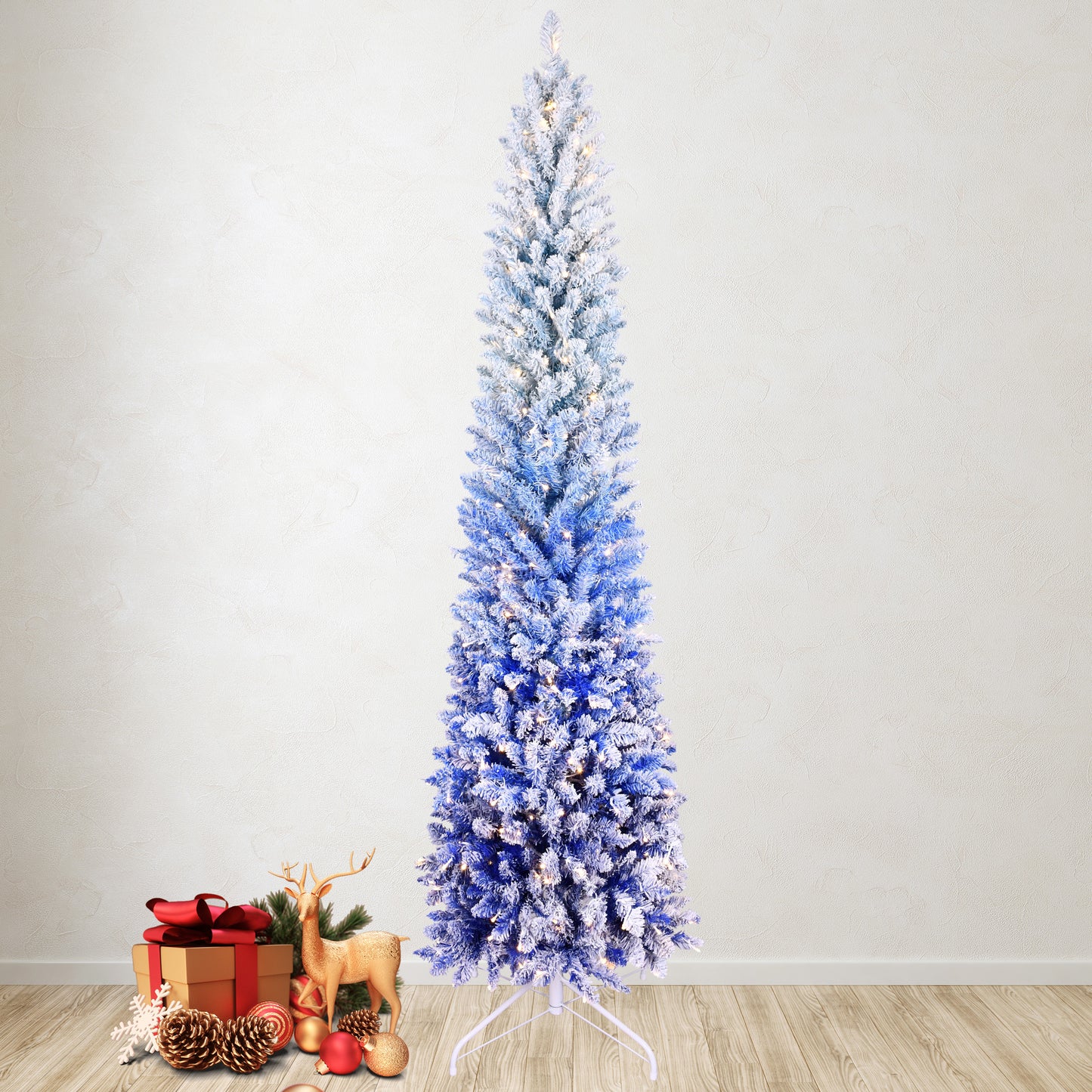6FT Blue Gradient Flocked Pencil Christmas Tree with 200 Warm White LED Lights, 485 Tips, Hinged Branches, Slim Design, Metal Stand – Narrow Prelit Tree for Holiday Home Decor