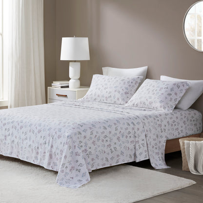 4 Pieces King 100% Cotton Flannel Printed Sheet Set,White Tossed Botanical