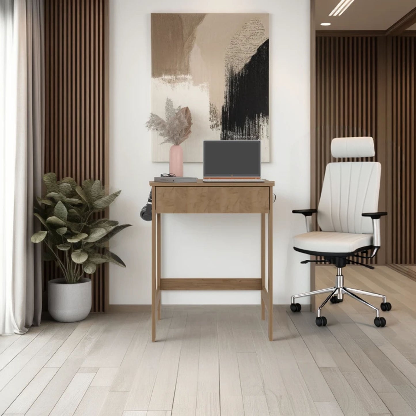 Eagar Minimalist Desk,  sturdy frame with lower support bar and functional work surface, Light Oak.