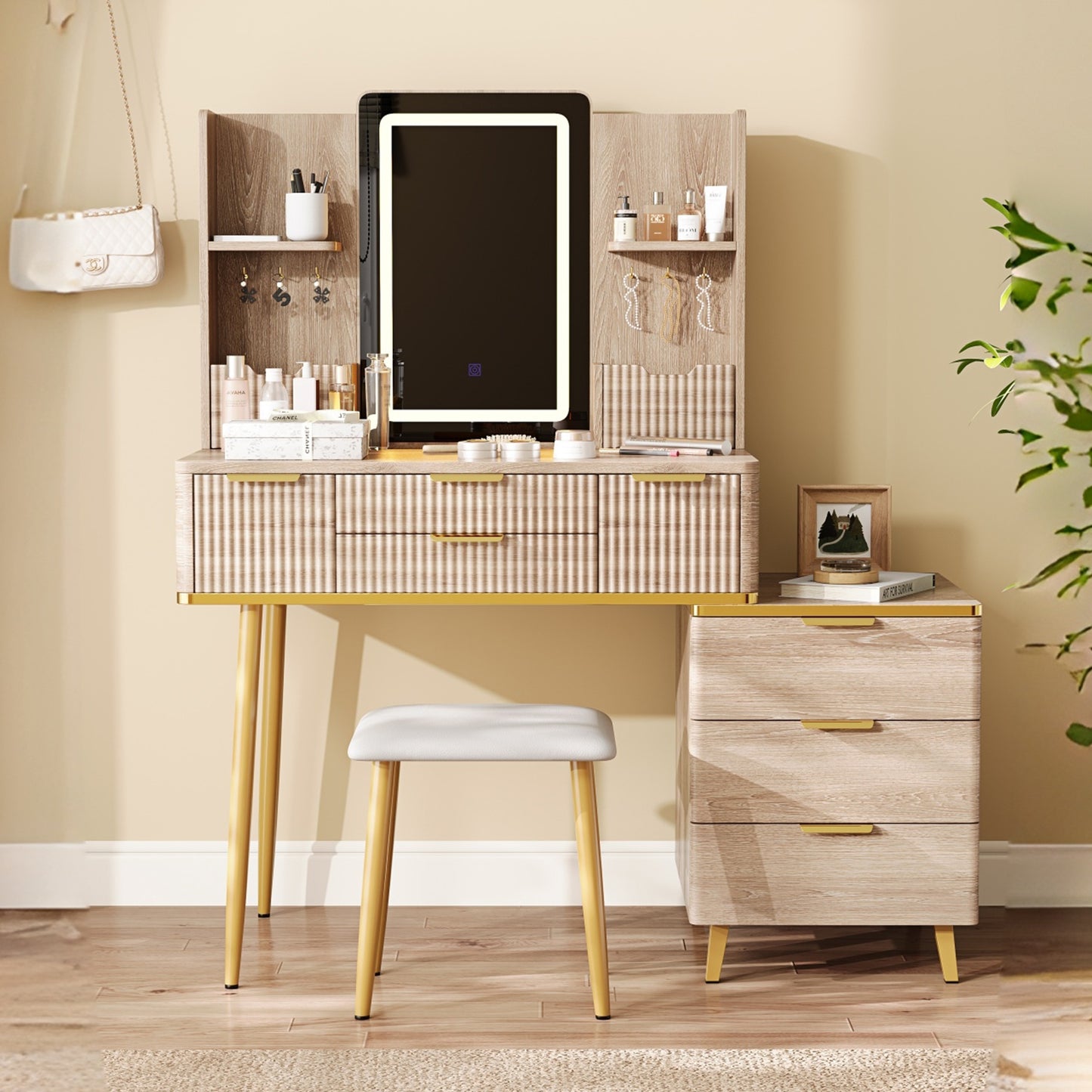 7-Drawer Vanity Desk with LED Mirror & Carved Details, Fluted Makeup Table with Metal Legs and PU Stool, Carved Dressing Table with Jewelry Storage for Bedroom