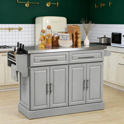 Kitchen Island Rolling Kitchen Island Cart with  2 Drawers, Spice, Knife and Towel Rack ,gray