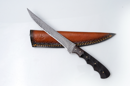 Titan International Knives Damascus Steel Fillet Knife — Blade With Honeycomb & Dark Wood Hybrid Handle — Fishing & Boning Tool TK-446