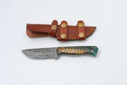 Damascus Steel "Titan Gecko" Fixed Blade Knife With Forest Green Pine Cone Scales Resin Handle - TK-444