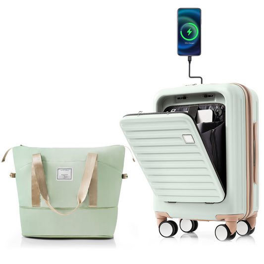 Front Opening 20-Inch Carry-On Luggage with Expandable Travel Bag Set, ABS Hard Shell Two-piece suitcase set with USB Port , Cup Holder, grey green