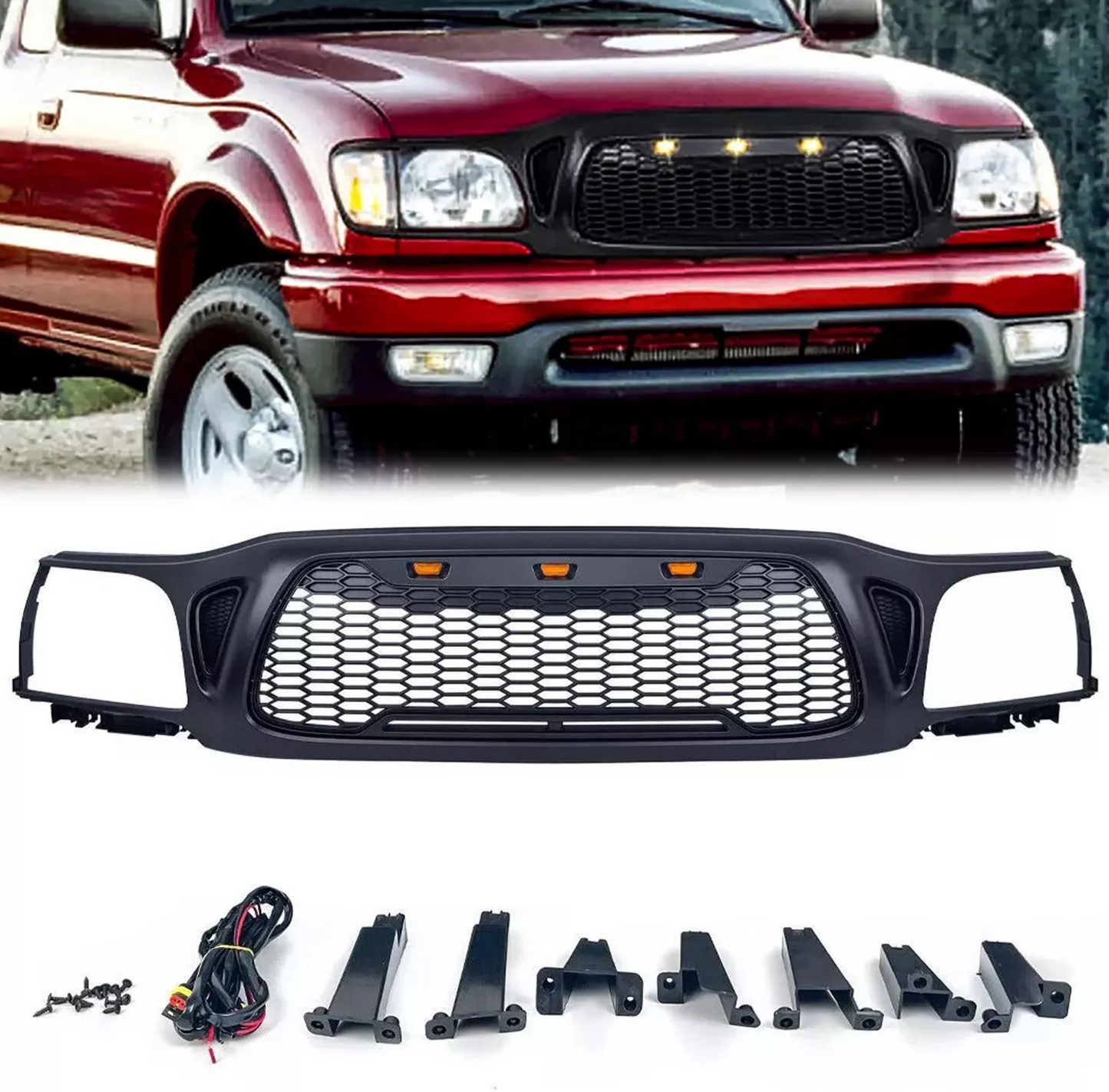 Front Grille fits for Tacoma 2001 2002 2003 2004 With Amber LED Accent Lights Matte Black