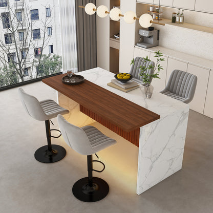 63' Modern Kitchen Island Set with 4 Gray Bar Stools - White Marble Look Surface, LED Lighting & Grill Design for Dining Room, Open Concept Spaces, Lounge(4 Gray Bar Stools)