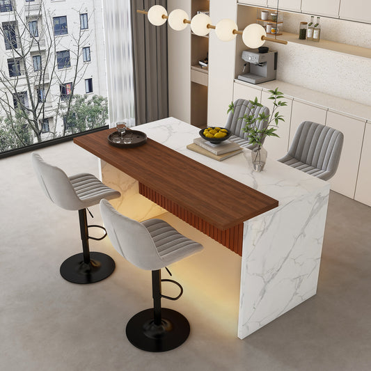 63' Modern Kitchen Island Set with 4 Gray Bar Stools - White Marble Look Surface, LED Lighting & Grill Design for Dining Room, Open Concept Spaces, Lounge(4 Gray Bar Stools)