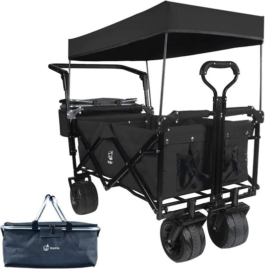 Collapsible Wagon 140L Wagons Carts Foldable with Removable Canopy, Folding Wagon Cart with Wheels for All-Terrain with Brake, Foldable Wagon with Cooler Bag, for Camping Beach Shopping