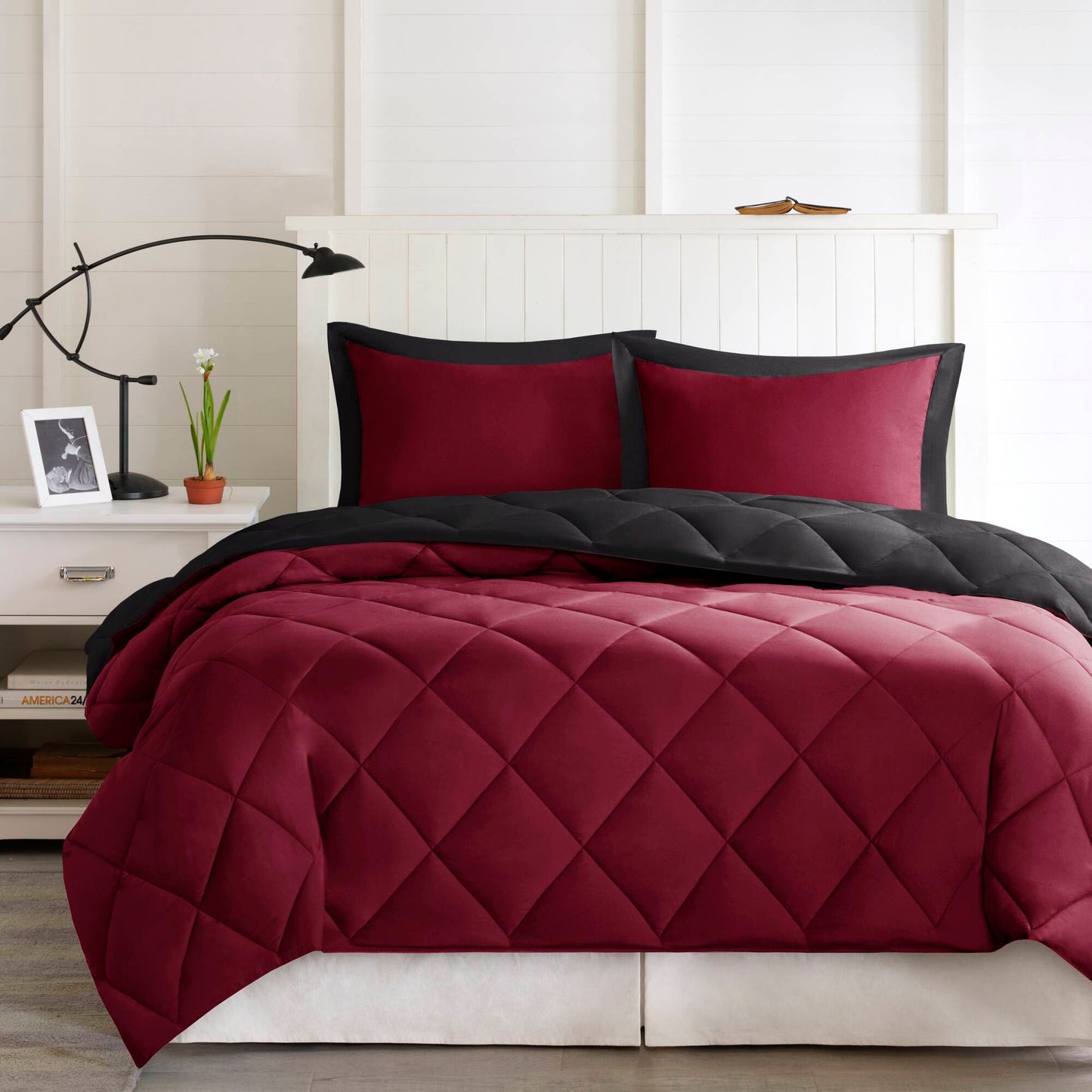 2 Pieces Twin/Twin XL 3M Scotchgard Diamond Quilting Reversible Down Alternative Comforter Set,Red+Black