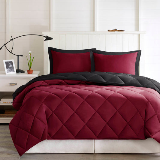 2 Pieces Twin/Twin XL 3M Scotchgard Diamond Quilting Reversible Down Alternative Comforter Set,Red+Black