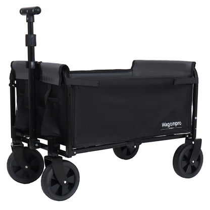 All-in-One Convertible Folding Camping Wagon Cart: Bench Seat, Storage Compartment & Included Dog Tether, Black/Gray