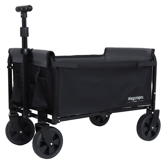All-in-One Convertible Folding Camping Wagon Cart: Bench Seat, Storage Compartment & Included Dog Tether, Black/Gray