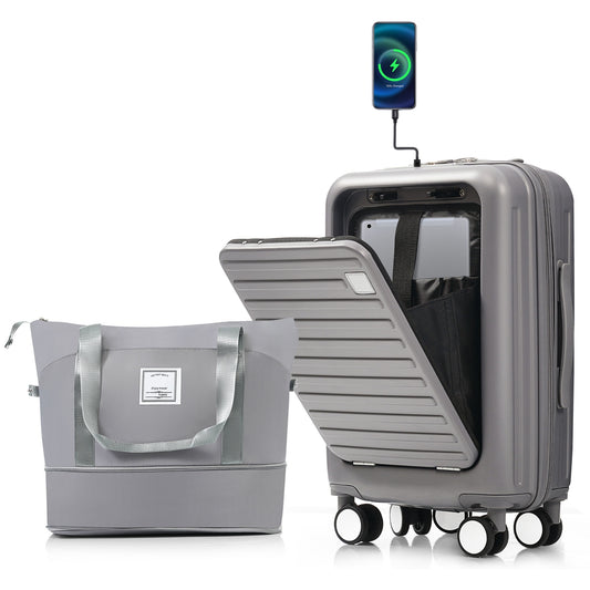 Front Opening 20-Inch Carry-On Luggage with Expandable Travel Bag Set, ABS Hard Shell Two-piece suitcase set with USB Port , Cup Holder, grey blue