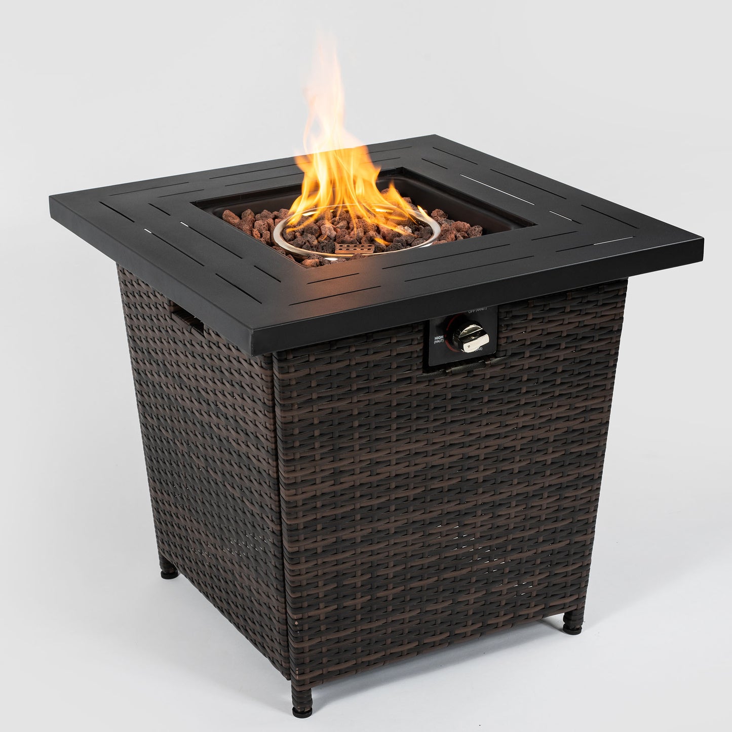 28-Inch Black Wicker Outdoor Propane Gas Fire Pit Table with Steel Top and 50,000 BTU Heat Output