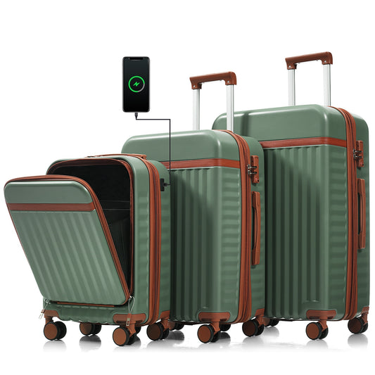 Luggage Set of 3, 20inch with USB Port, front opening design Airline Certified Carry on Luggage, ABS Hard Shell Luggage with Spinner Wheels,Green