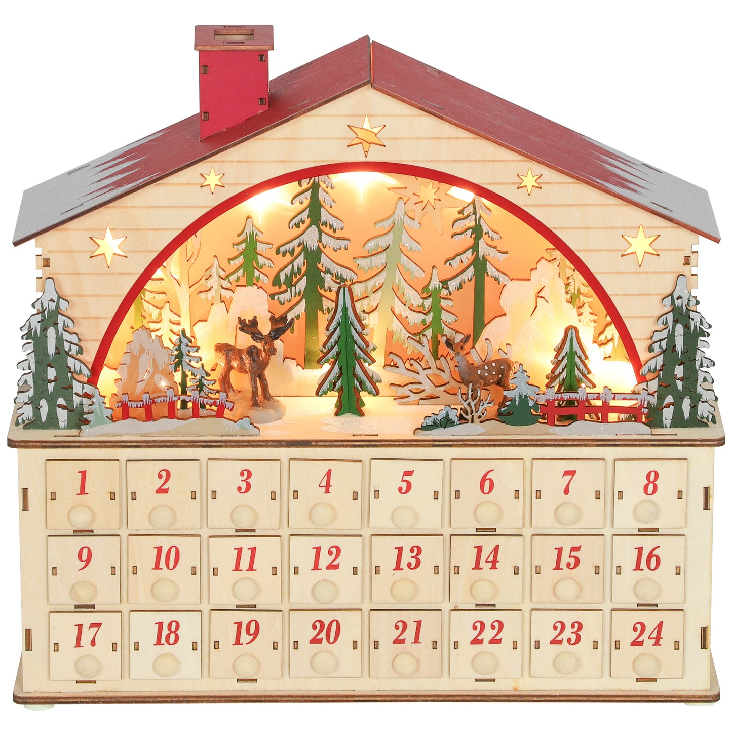 Christmas Advent Calendar with 24 Countdown Drawers and LED Lights, Wooden Advent Calendar House, Battery Operated