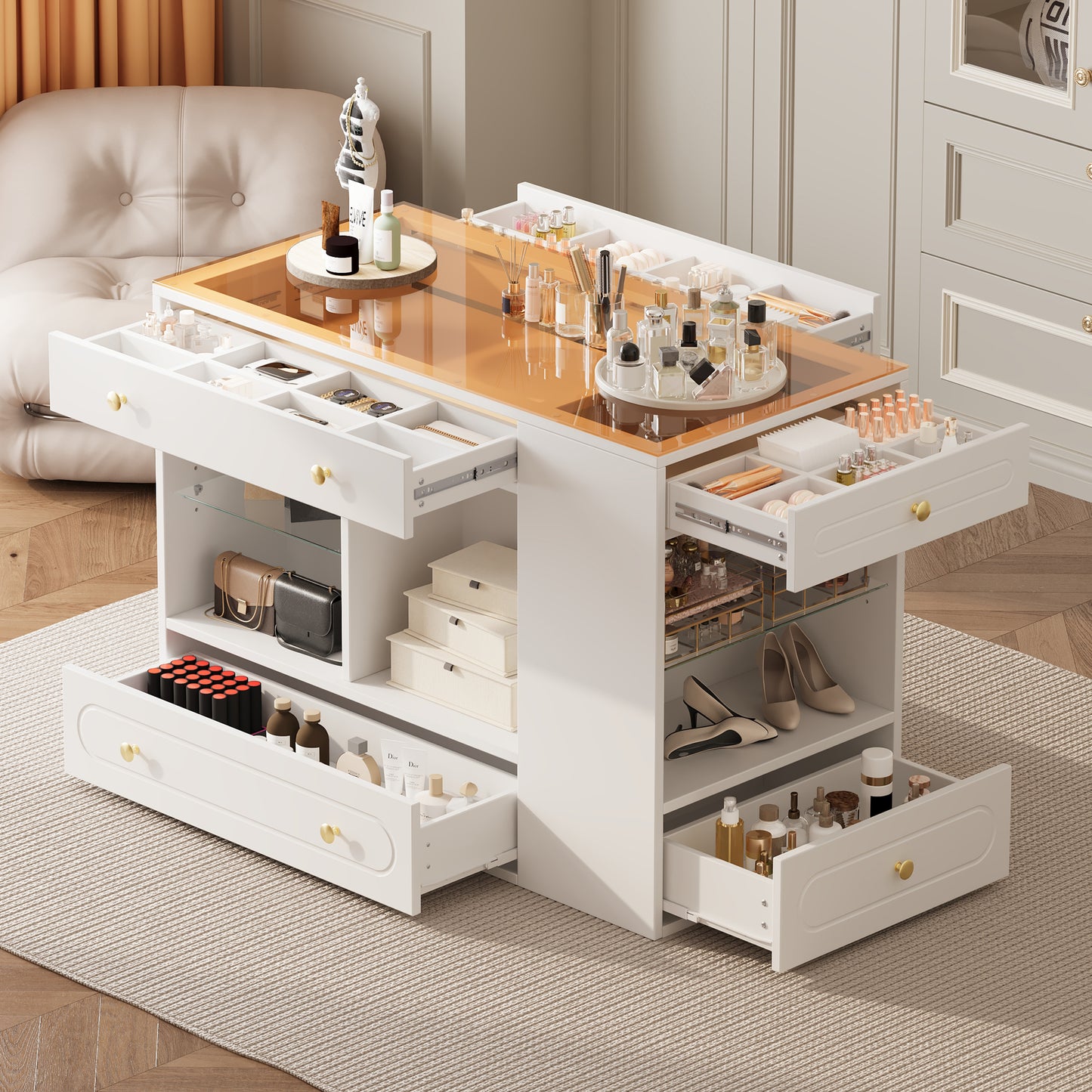 Closet Island with 6 Drawers, Wardrobe Armoire Bedroom Island with Glass Display Top and Open Shelves, Jewelry Storage Vanity Island with compartments, Walk-in Closet Island for Cloakroom, White