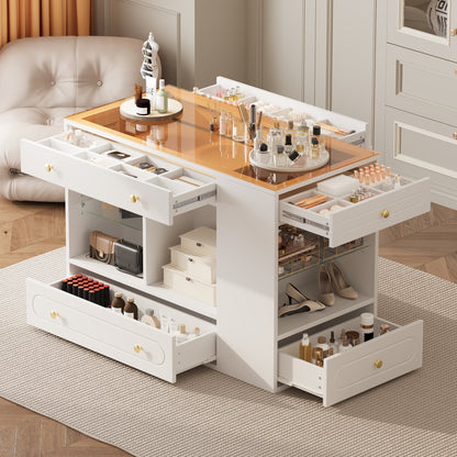 Closet Island with 6 Drawers, Wardrobe Armoire Bedroom Island with Glass Display Top and Open Shelves, Jewelry Storage Vanity Island with compartments, Walk-in Closet Island for Cloakroom, White