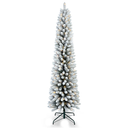 7FT Flocked Pencil Christmas Tree with 200 Warm White LED Lights – Slim Snowy PVC Tree with 469 Tips, Metal Stand, Space-Saving Design, Easy to Set Up