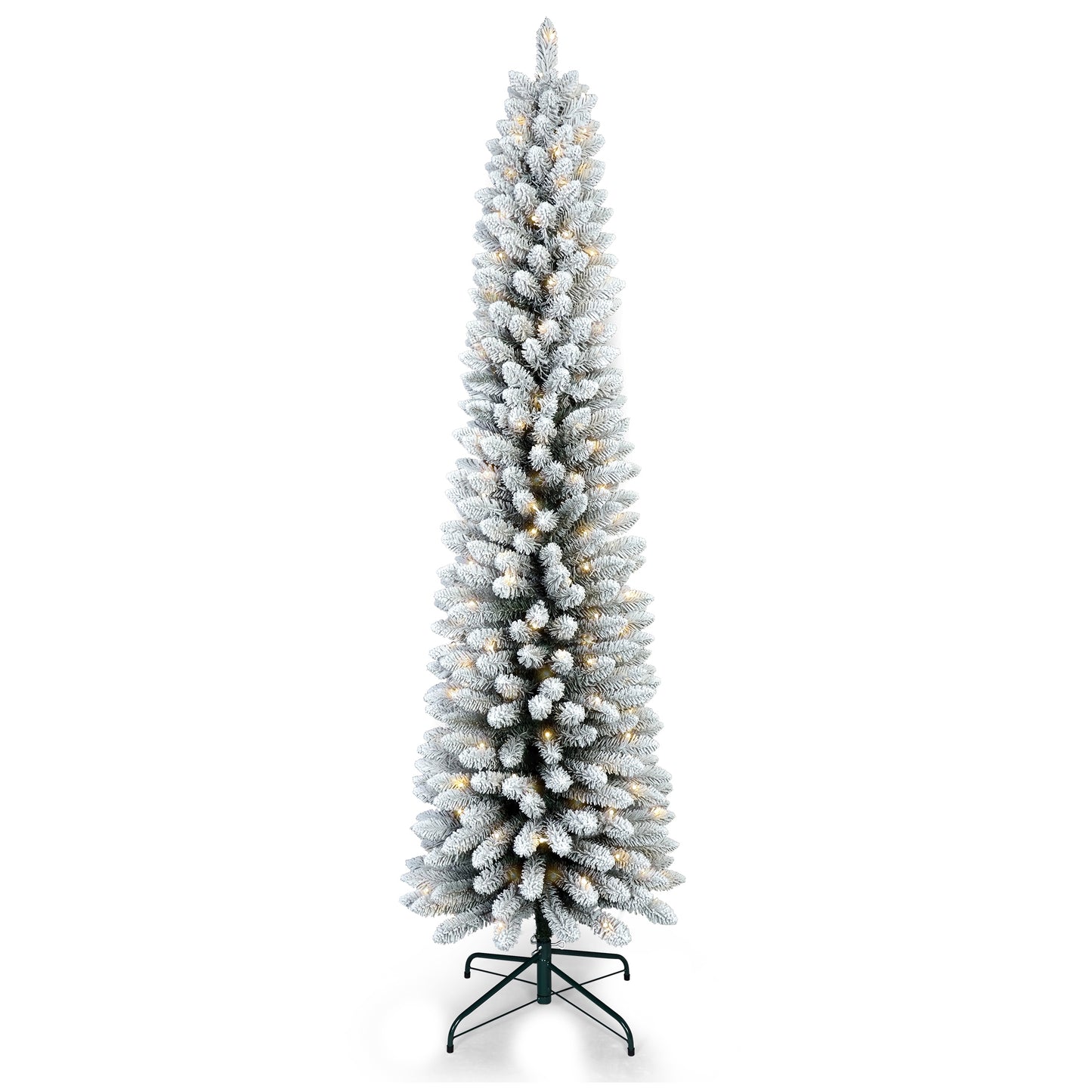 5FT Flocked Pencil Christmas Tree with 100 Warm White LED Lights – Slim Snowy PVC Tree with 263 Tips, Metal Stand, Space-Saving Design, Easy to Set Up