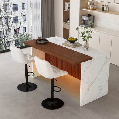 63' Modern Kitchen Island Set with 2 Beige Bar Stools - White Marble Look Surface, LED Lighting & Grill Design for Dining Room, Open Concept Spaces, Lounge(2 Beige Bar Stools)