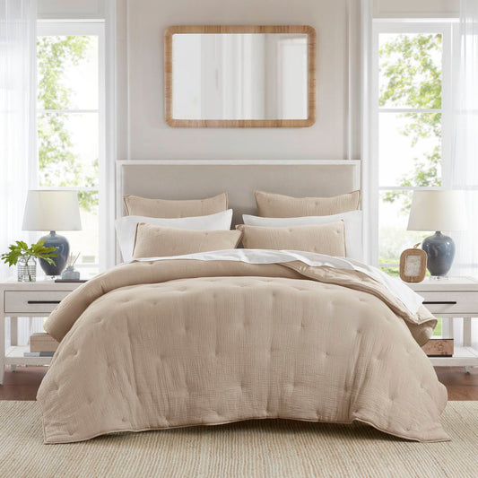 3-Piece King Cotton Gauze  Embroidered Quilt Set,Taupe