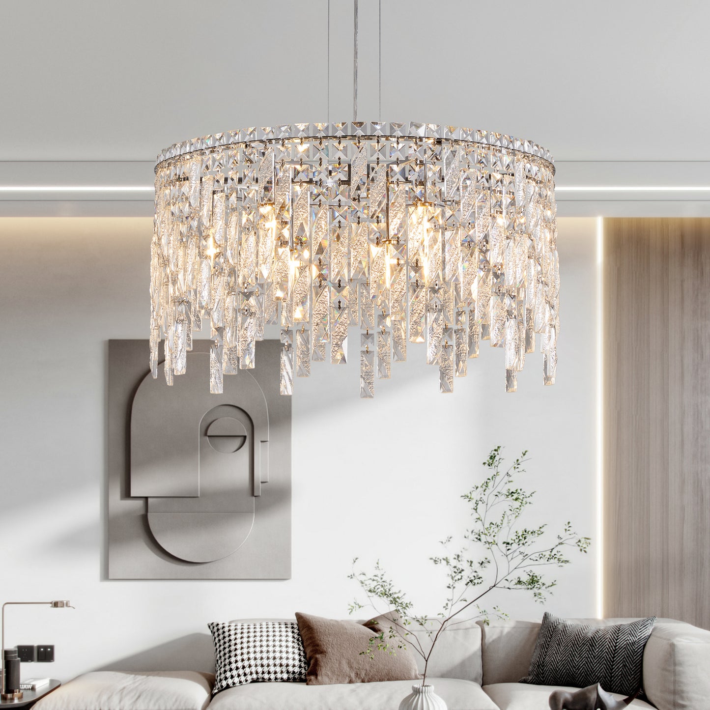 24' Luxurious Round Silver Crystal Chandelier, Contemporary Rectangular Pendant Light for Dining Room, Living Room, and Grand Foyers (Bulbs Not Included)