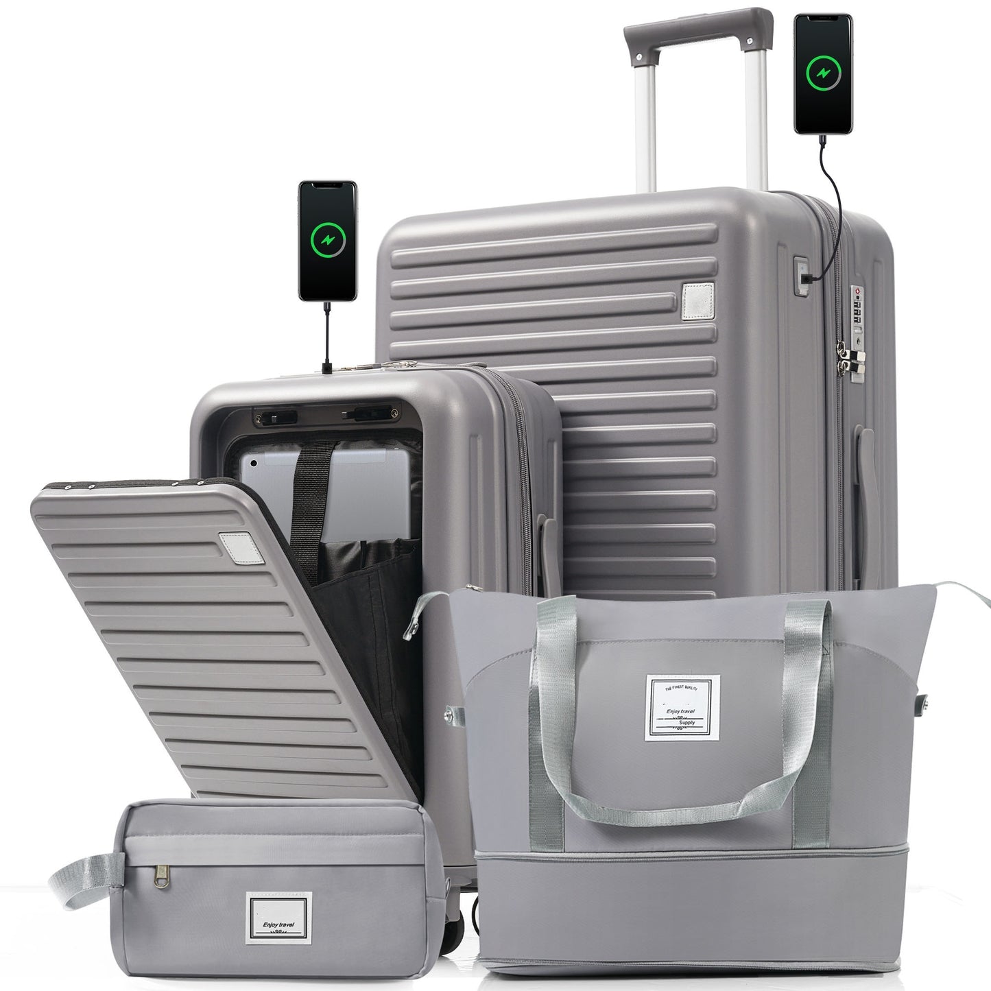 4-Piece Luggage Set with USB Charging Ports - 20in Carry-On (Front-Opening for Laptop) 28in Checked Suitcase with TSA Lock Travel Duffel Bag Wet-Dry Toiletry Bag, grey blue