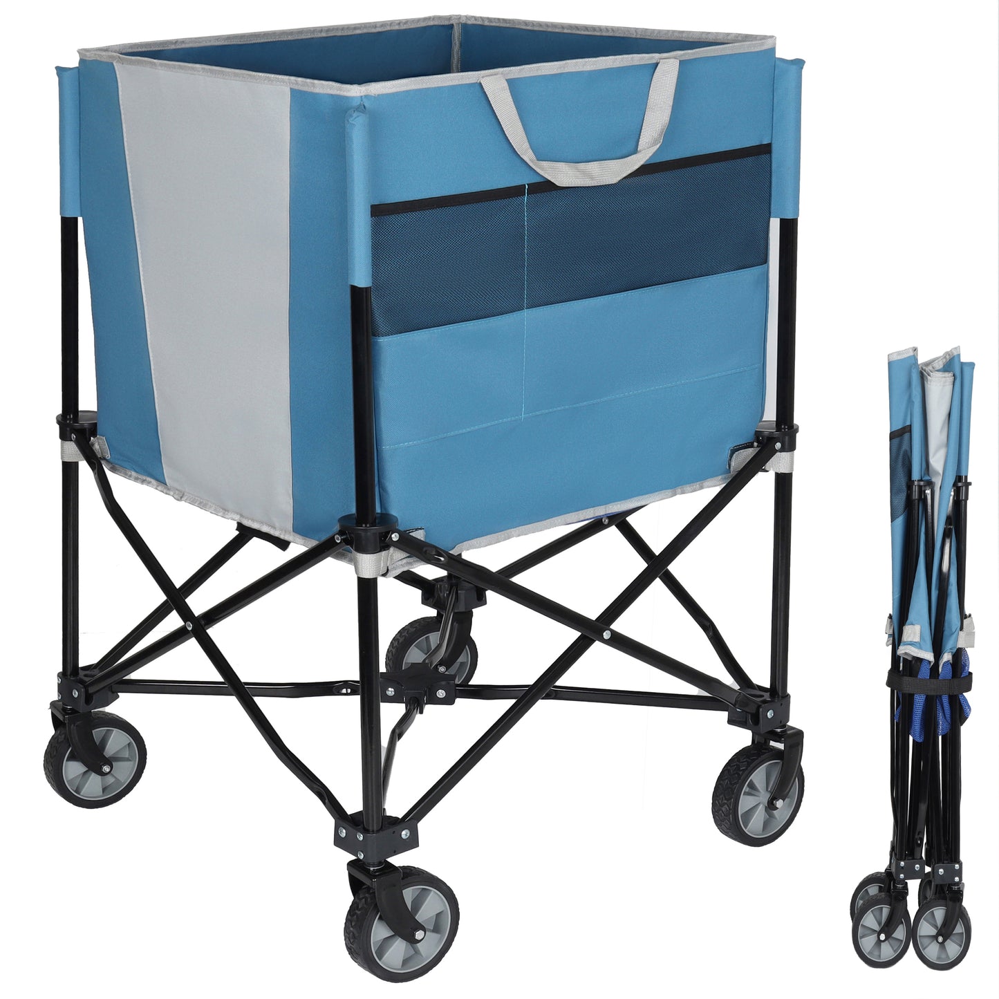 Rolling Ball Storage Cart with Wheels, Collapsible Garage Sports Equipment Organizer for Volleyball Basketball Tennis Toy Storage Multi-Sport Family Gym, blue/gray