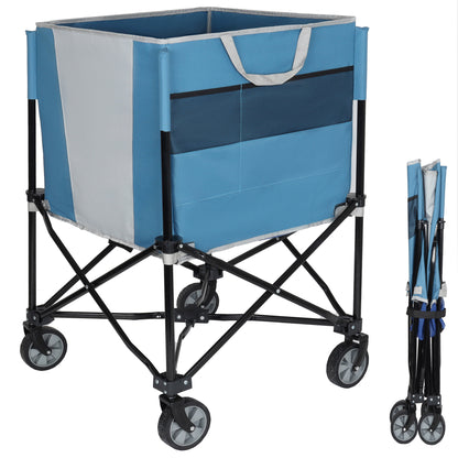 Rolling Ball Storage Cart with Wheels, Collapsible Garage Sports Equipment Organizer for Volleyball Basketball Tennis Toy Storage Multi-Sport Family Gym, blue/gray