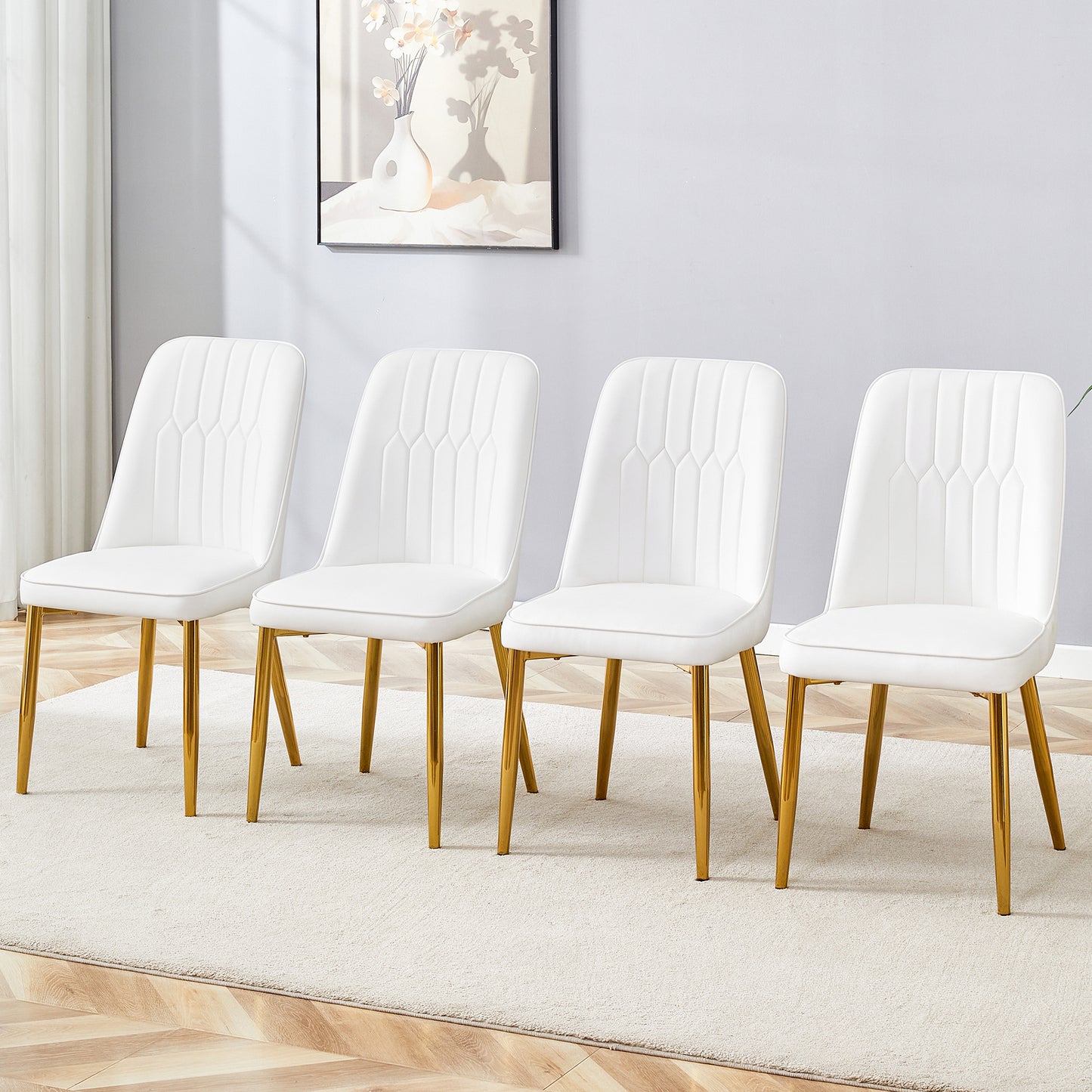 4 modern dining chairs, sleek PU leather backrest, and gold metal legs bring a comfortable home experience to the kitchen, bedroom, and office.W1151P250089