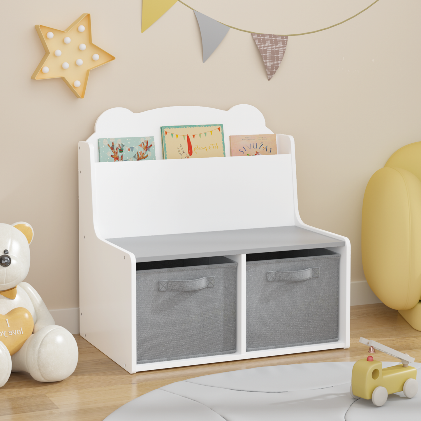 Kids Bookshelf with Storage Bins – Wooden Bookcase with Book Display Shelf and 2 Fabric Bins, Cute Bear-Shaped Backboard, Toy Organizer for Toddlers and Children, White and Gray