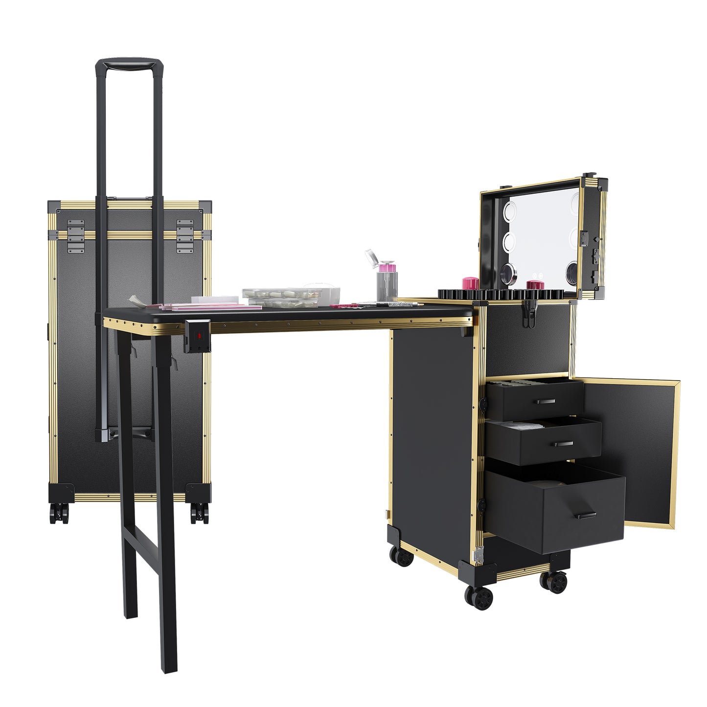Portable Nail Art Table with LED Mirror, Bluetooth, Lockable Drawers, Telescopic Pole - Black Gold, Plastic, 15.35x12.60x27.56 inches