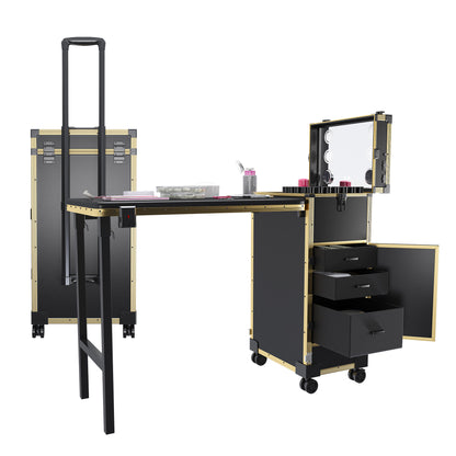Portable Nail Art Table with LED Mirror, Bluetooth, Lockable Drawers, Telescopic Pole - Black Gold, Plastic, 15.35x12.60x27.56 inches