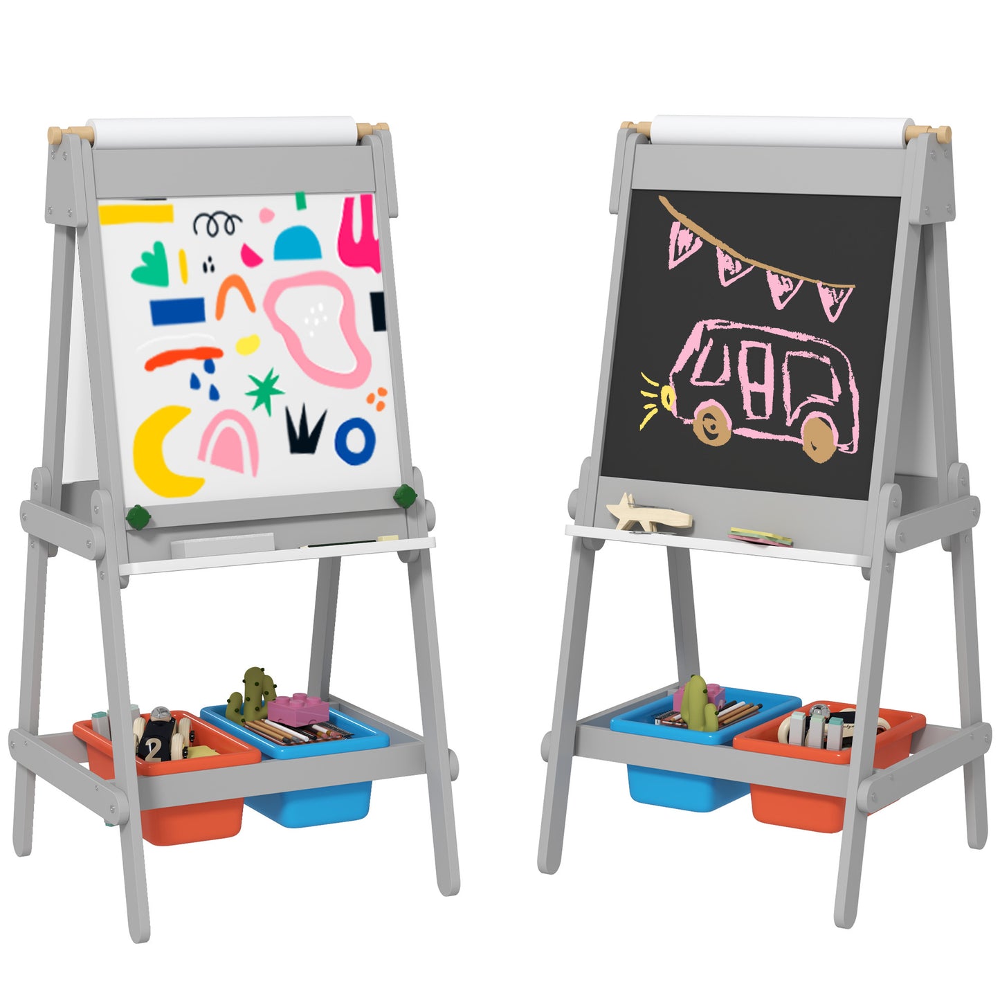 Qaba Art Easel, Easel for Kids with Paper Roll, Double Sided Whiteboard & Chalkboard for Toddlers Aged 3-8 Years Old, with Painting Paper Stand, 2 Storage Boxes, Gray